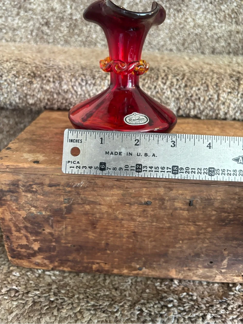 Rainbow Deep Ruby Red Glass Vase with Amber Twist